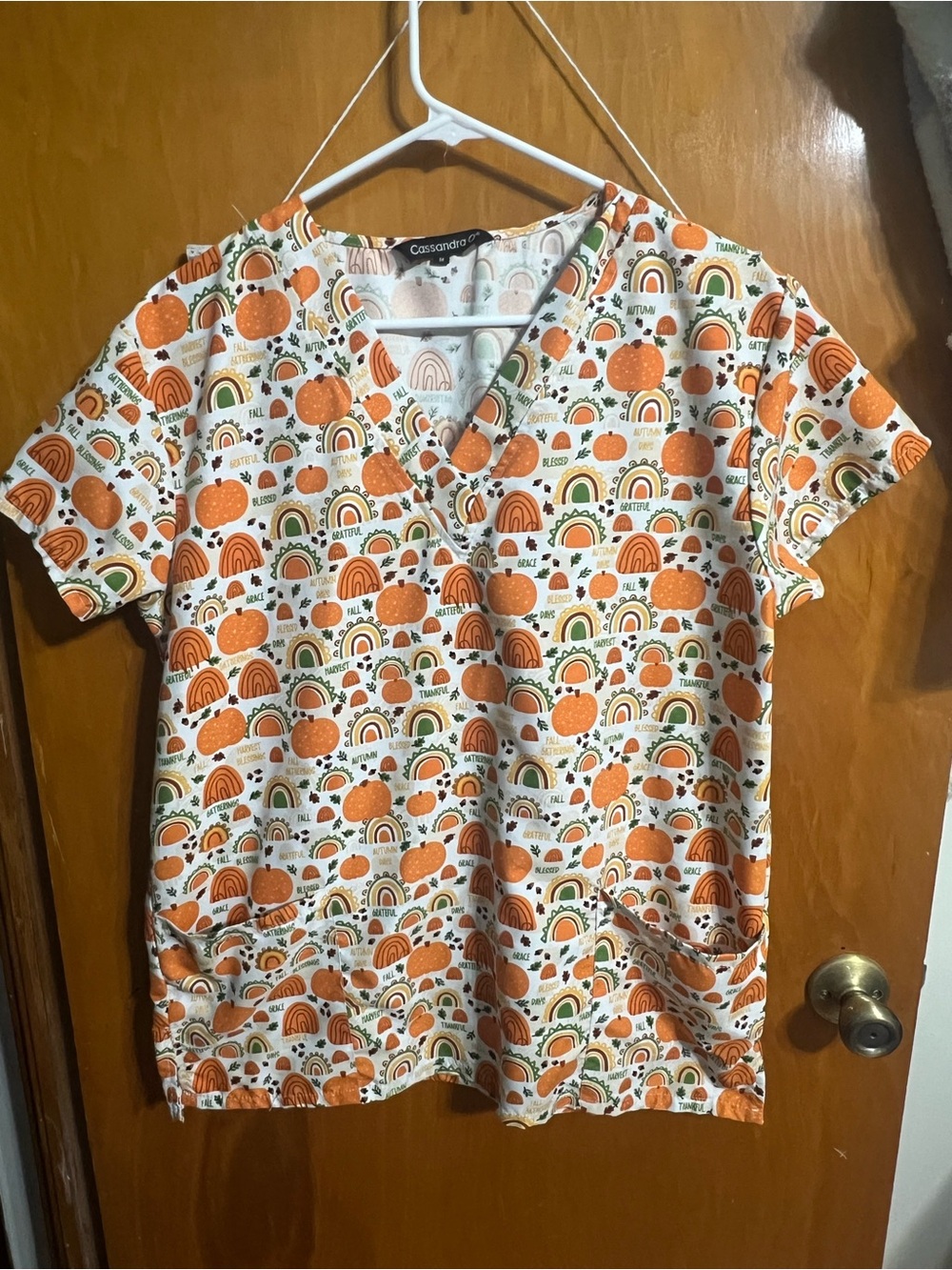 Cassandra Orange Pumpkin & Rainbow Print Scrub Top